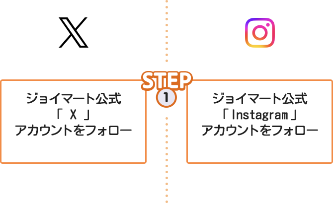 STEP1 【X】ジョイマート公式「X」アカウントをフォロー 【Instagram】ジョイマート公式「Instagram」アカウントをフォロー